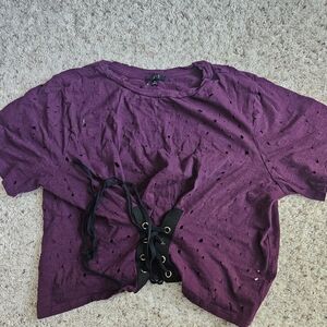 iris Plum Lace-Up Distressed Crop Top
